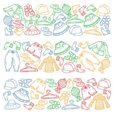 Vektör çocuk modası. Küçük kızlar ve oğlanlar için güzel elbiseler.