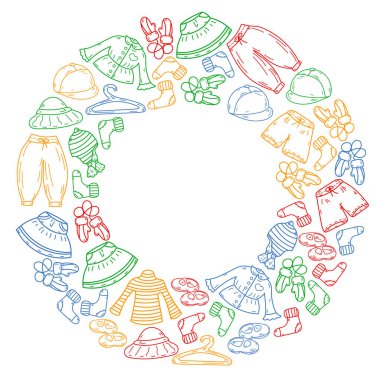 Vektör çocuk modası. Küçük kızlar ve oğlanlar için güzel elbiseler.