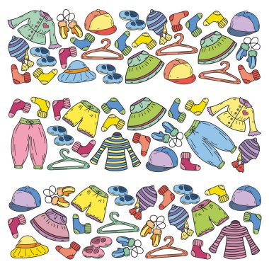 Vektör çocuk modası. Küçük kızlar ve oğlanlar için güzel elbiseler.