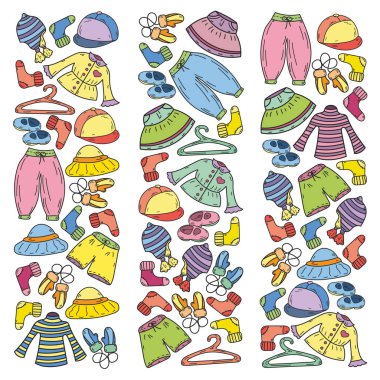 Vektör çocuk modası. Küçük kızlar ve oğlanlar için güzel elbiseler.