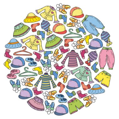 Vektör çocuk modası. Küçük kızlar ve oğlanlar için güzel elbiseler.