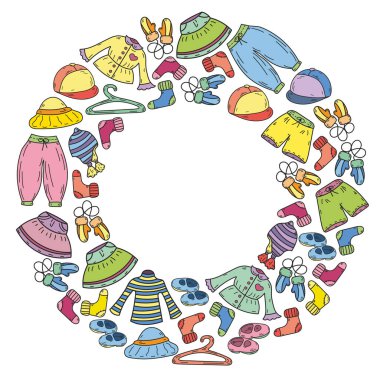 Vektör çocuk modası. Küçük kızlar ve oğlanlar için güzel elbiseler.