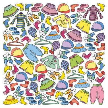 Vektör çocuk modası. Küçük kızlar ve oğlanlar için güzel elbiseler.