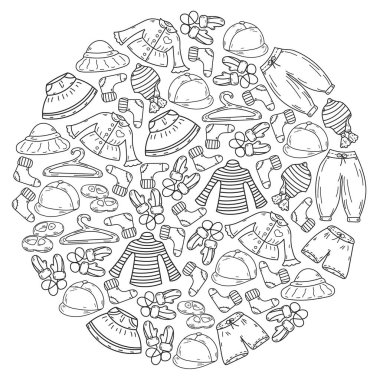 Vektör çocuk modası. Küçük kızlar ve oğlanlar için güzel elbiseler.