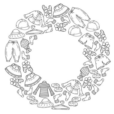 Vektör çocuk modası. Küçük kızlar ve oğlanlar için güzel elbiseler.