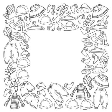 Vektör çocuk modası. Küçük kızlar ve oğlanlar için güzel elbiseler.