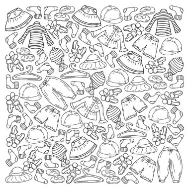 Vektör çocuk modası. Küçük kızlar ve oğlanlar için güzel elbiseler.