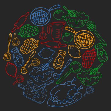 Mutfak gereçleri, sebzeler, yemekler, ürünler, mutfak gereçleri ile vektör eskizi. Karalama ögeleri.