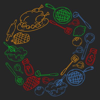Mutfak gereçleri, sebzeler, yemekler, ürünler, mutfak gereçleri ile vektör eskizi. Karalama ögeleri.