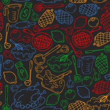 Mutfak gereçleri, sebzeler, yemekler, ürünler, mutfak gereçleri ile vektör eskizi. Karalama ögeleri.