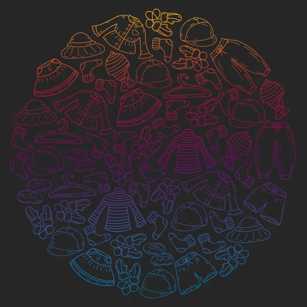 Vektör çocuk modası. Küçük kızlar ve oğlanlar için güzel elbiseler.