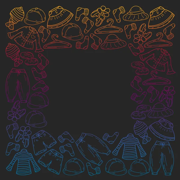 Vektör çocuk modası. Küçük kızlar ve oğlanlar için güzel elbiseler.