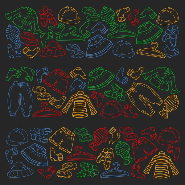 Vektör çocuk modası. Küçük kızlar ve oğlanlar için güzel elbiseler.