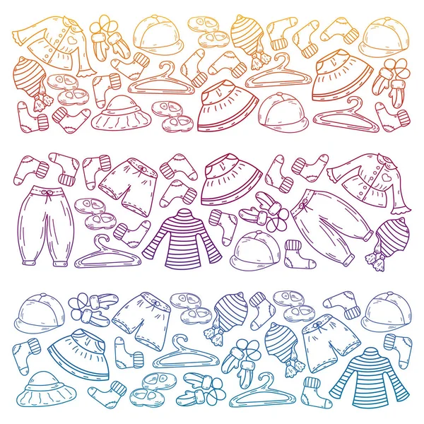 Vektör çocuk modası. Küçük kızlar ve oğlanlar için güzel elbiseler.