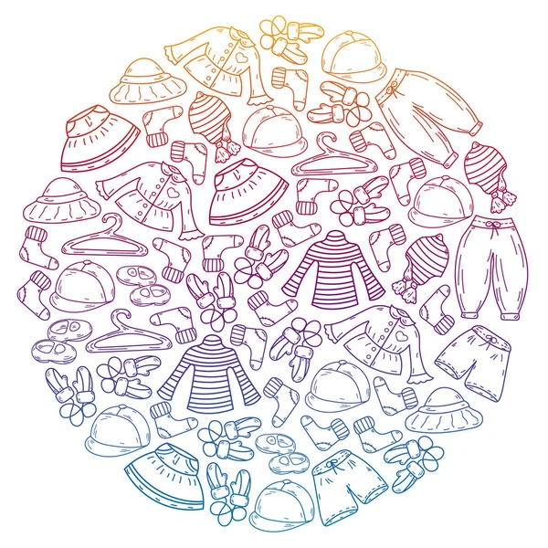 Vektör çocuk modası. Küçük kızlar ve oğlanlar için güzel elbiseler.