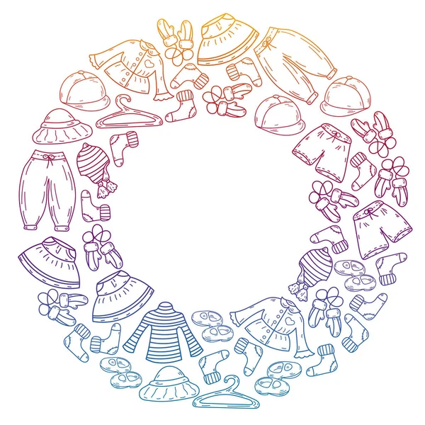 Vektör çocuk modası. Küçük kızlar ve oğlanlar için güzel elbiseler.