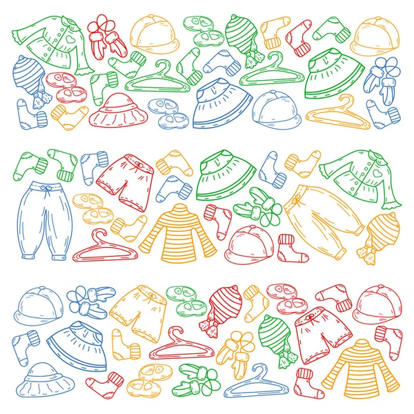 Vektör çocuk modası. Küçük kızlar ve oğlanlar için güzel elbiseler.