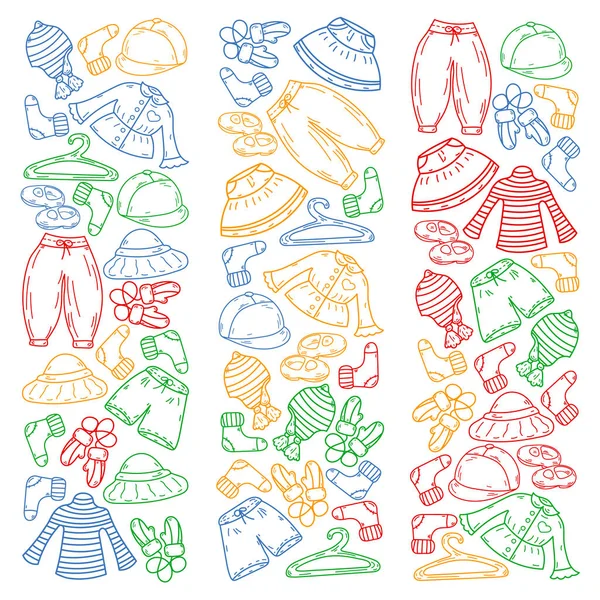 Vektör çocuk modası. Küçük kızlar ve oğlanlar için güzel elbiseler.