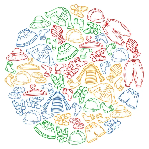 Vektör çocuk modası. Küçük kızlar ve oğlanlar için güzel elbiseler.