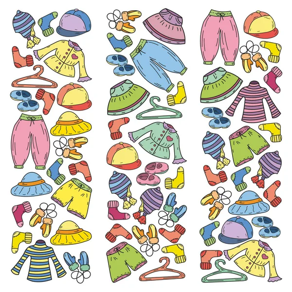 Vektör çocuk modası. Küçük kızlar ve oğlanlar için güzel elbiseler.