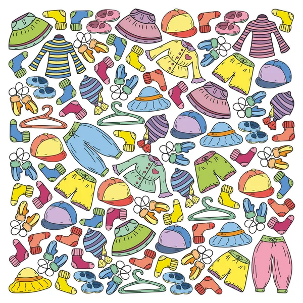 Vektör çocuk modası. Küçük kızlar ve oğlanlar için güzel elbiseler.