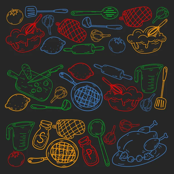 Vektor-Skizze Hintergrund mit Küchenutensilien, Gemüse, Kochen, Produkte, Geschirr. Doodle-Elemente. — Stockvektor