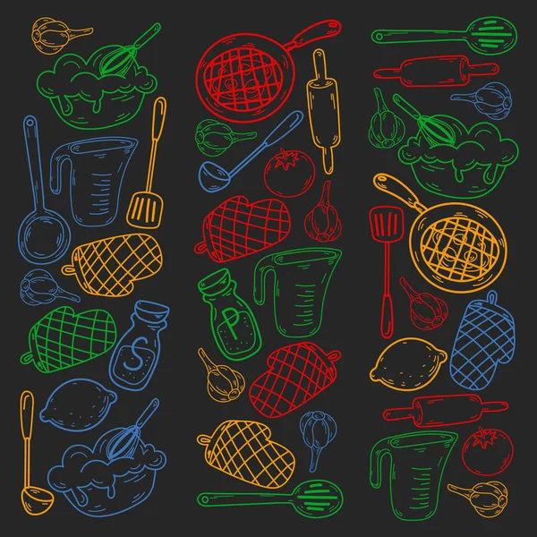 Boceto vectorial fondo con utensilios de cocina, verduras, cocina, productos, utensilios de cocina. Elementos de fideos. — Vector de stock