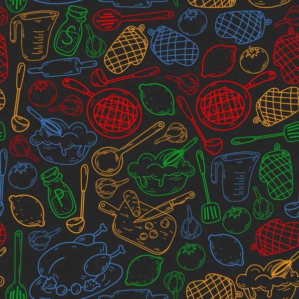 Vector esboço fundo com utensílios de cozinha, legumes, cozinhar, produtos, utensílios de cozinha. Elementos doodle. — Vetor de Stock