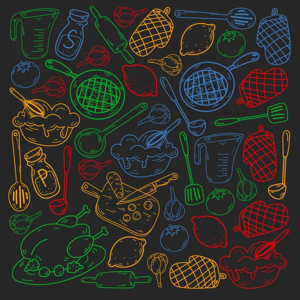 Mutfak gereçleri, sebzeler, yemekler, ürünler, mutfak gereçleri ile vektör eskizi. Karalama ögeleri.