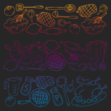 Mutfak gereçleri, sebzeler, yemekler, ürünler, mutfak gereçleri ile vektör eskizi. Karalama ögeleri.