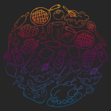 Mutfak gereçleri, sebzeler, yemekler, ürünler, mutfak gereçleri ile vektör eskizi. Karalama ögeleri.
