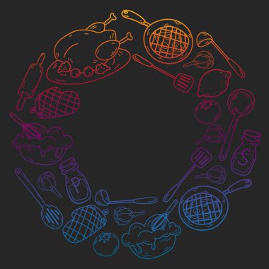 Mutfak gereçleri, sebzeler, yemekler, ürünler, mutfak gereçleri ile vektör eskizi. Karalama ögeleri.