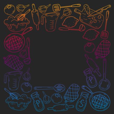 Mutfak gereçleri, sebzeler, yemekler, ürünler, mutfak gereçleri ile vektör eskizi. Karalama ögeleri.