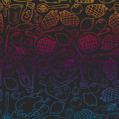 Mutfak gereçleri, sebzeler, yemekler, ürünler, mutfak gereçleri ile vektör eskizi. Karalama ögeleri.