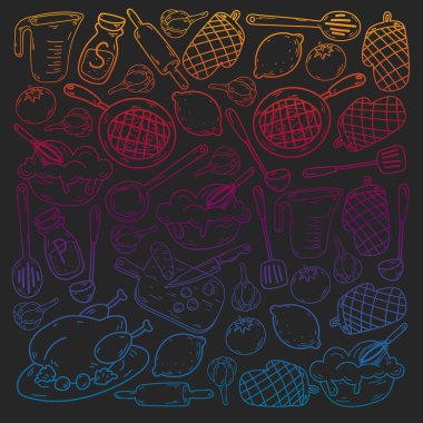 Mutfak gereçleri, sebzeler, yemekler, ürünler, mutfak gereçleri ile vektör eskizi. Karalama ögeleri.