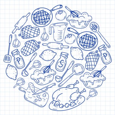 Mutfak gereçleri, sebzeler, yemekler, ürünler, mutfak gereçleri ile vektör eskizi. Karalama ögeleri.