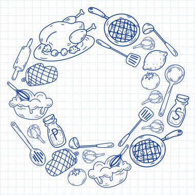 Mutfak gereçleri, sebzeler, yemekler, ürünler, mutfak gereçleri ile vektör eskizi. Karalama ögeleri.