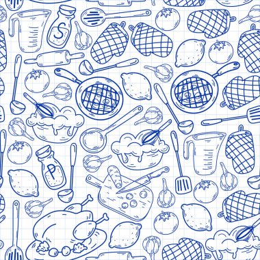 Mutfak gereçleri, sebzeler, yemekler, ürünler, mutfak gereçleri ile vektör eskizi. Karalama ögeleri.