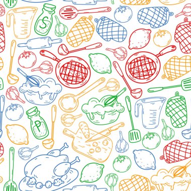 Mutfak gereçleri, sebzeler, yemekler, ürünler, mutfak gereçleri ile vektör eskizi. Karalama ögeleri.
