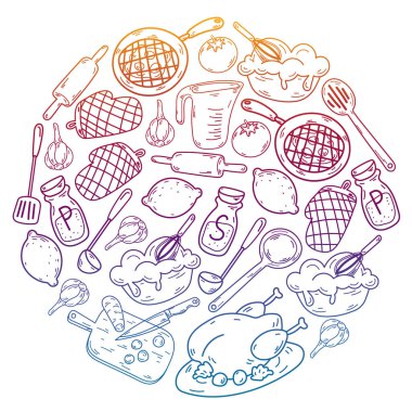 Mutfak gereçleri, sebzeler, yemekler, ürünler, mutfak gereçleri ile vektör eskizi. Karalama ögeleri.