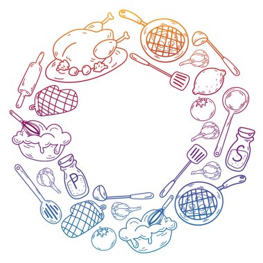 Mutfak gereçleri, sebzeler, yemekler, ürünler, mutfak gereçleri ile vektör eskizi. Karalama ögeleri.