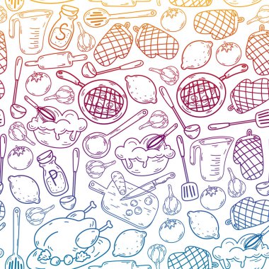 Mutfak gereçleri, sebzeler, yemekler, ürünler, mutfak gereçleri ile vektör eskizi. Karalama ögeleri.
