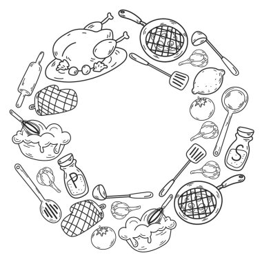 Mutfak gereçleri, sebzeler, yemekler, ürünler, mutfak gereçleri ile vektör eskizi. Karalama ögeleri.