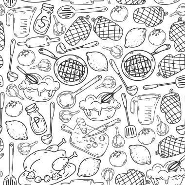 Mutfak gereçleri, sebzeler, yemekler, ürünler, mutfak gereçleri ile vektör eskizi. Karalama ögeleri.