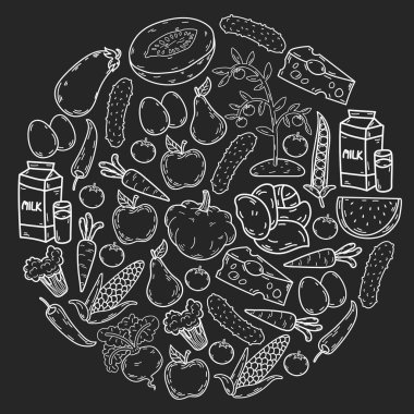 Vektör deseni. Sağlıklı ekolojik organik gıda. Sebze, meyve, süt, süt. Doğrusal grafik.