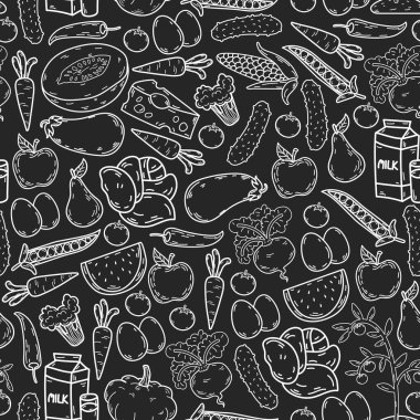 Vektör deseni. Sağlıklı ekolojik organik gıda. Sebze, meyve, süt, süt. Doğrusal grafik.