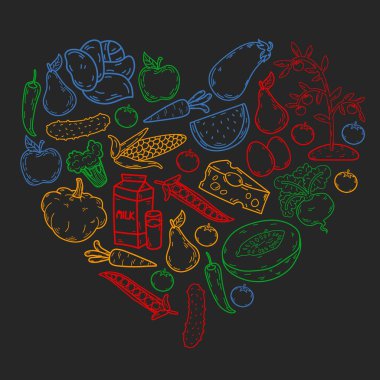 Vektör deseni. Sağlıklı ekolojik organik gıda. Sebze, meyve, süt, süt. Doğrusal grafik.