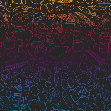 Vektör deseni. Sağlıklı ekolojik organik gıda. Sebze, meyve, süt, süt. Doğrusal grafik.