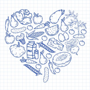 Vektör deseni. Sağlıklı ekolojik organik gıda. Sebze, meyve, süt, süt. Doğrusal grafik.