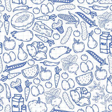 Vektör deseni. Sağlıklı ekolojik organik gıda. Sebze, meyve, süt, süt. Doğrusal grafik.